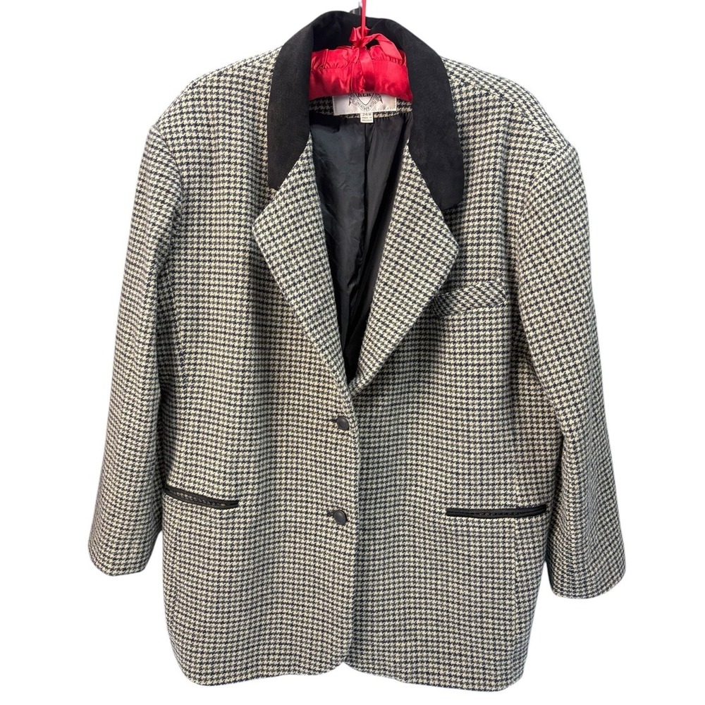 Vintage RZR Leather Wool Houndstooth Blazer Jacket Womens 24W Leather Trim EUC